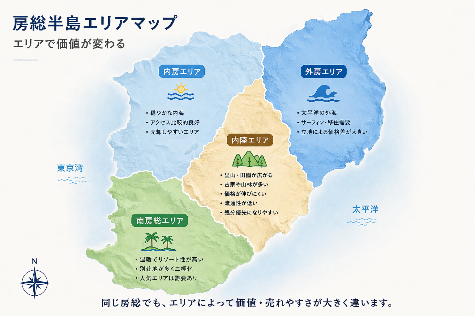 房総半島の内房・外房・南房総・内陸を色分けしたエリアマップ